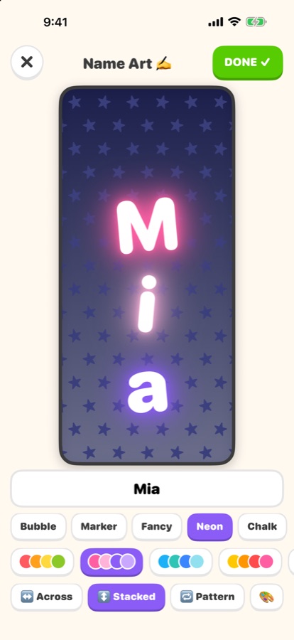 The name Mia in glowing neon letters